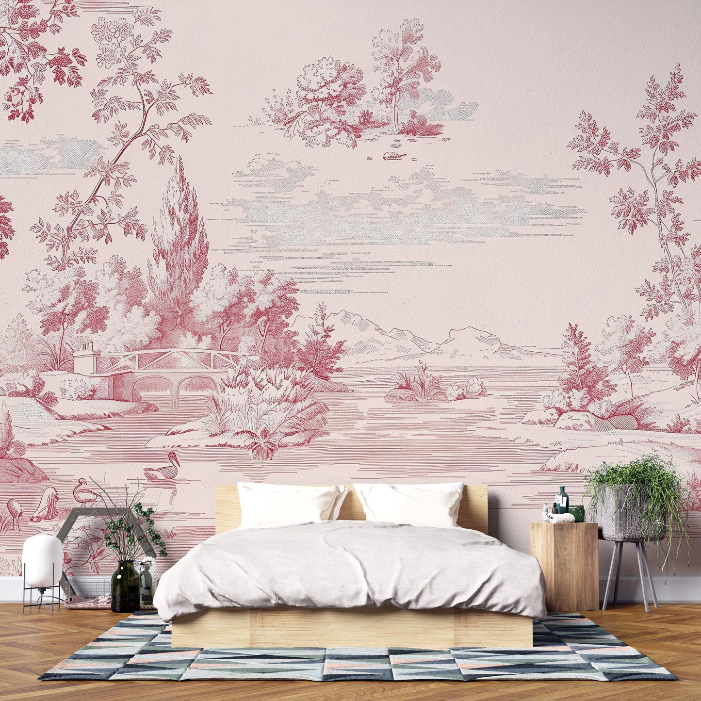 Pink Toile Wall Mural | French Vintage Landscape Wallpaper Vn1037
