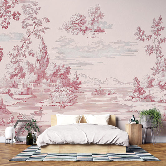 Pink Toile Wall Mural | French Vintage Landscape Wallpaper Vn1037