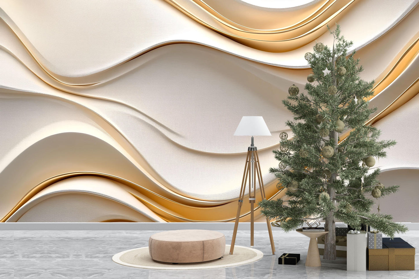 Elegant Gold Wave Wall Mural – Modern 3D Luxury Accent Wallpaper for Living Room or Bedroom Vn775