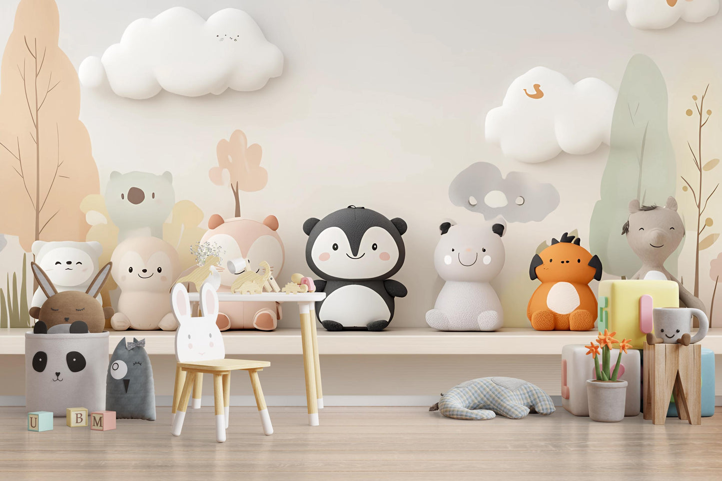 Cute Animal Plush Toy Set | Nursery Shelf Decor | Soft Stuffed Toys for Baby Room | Gender Neutral Pastel Kids Room Decor Vn427