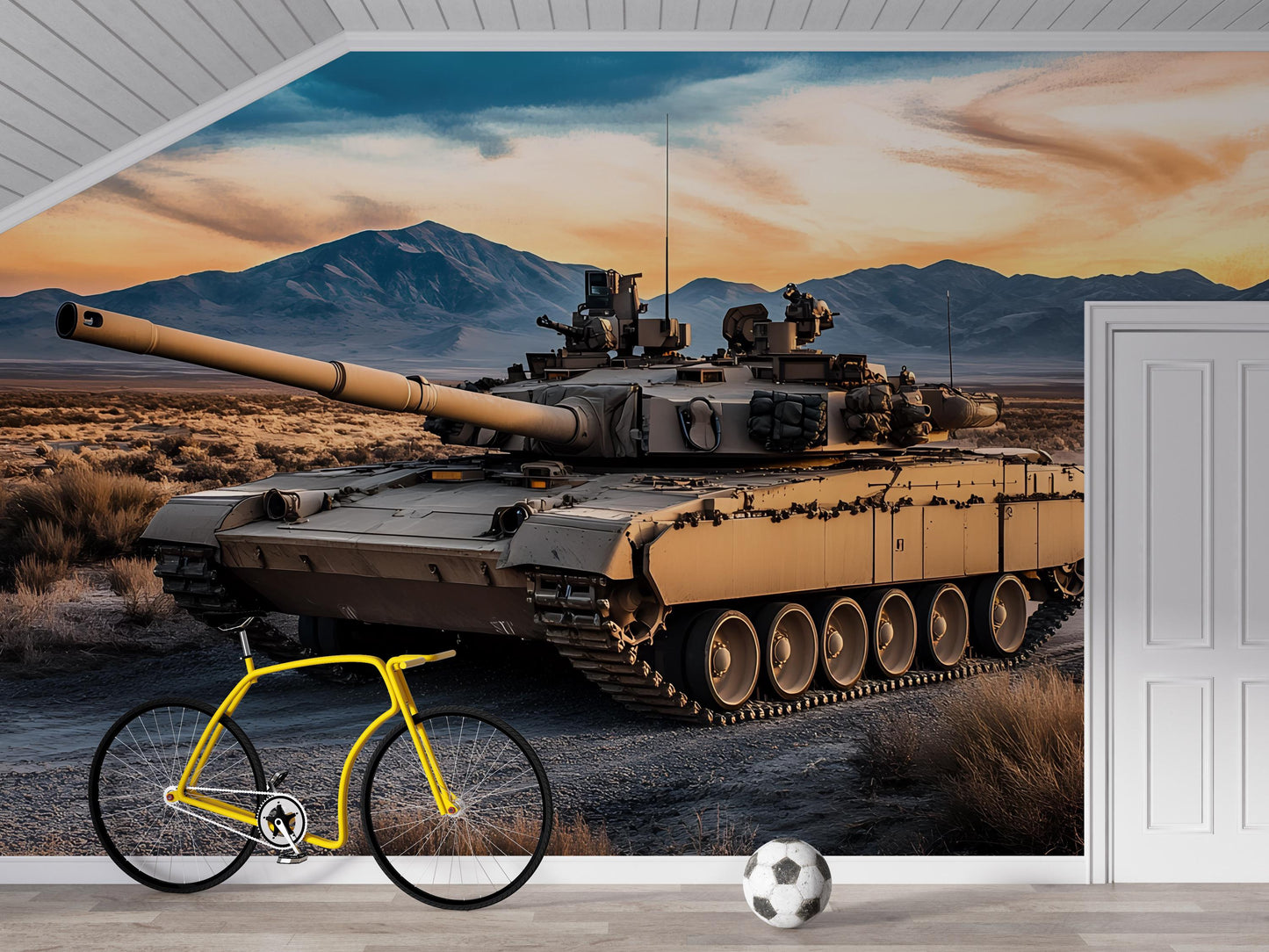 Tank Wall Mural for Boys Room - Military Themed Wallpaper - Cool Army Decor for Teen Bedroom - Desert Combat Scene Vn461