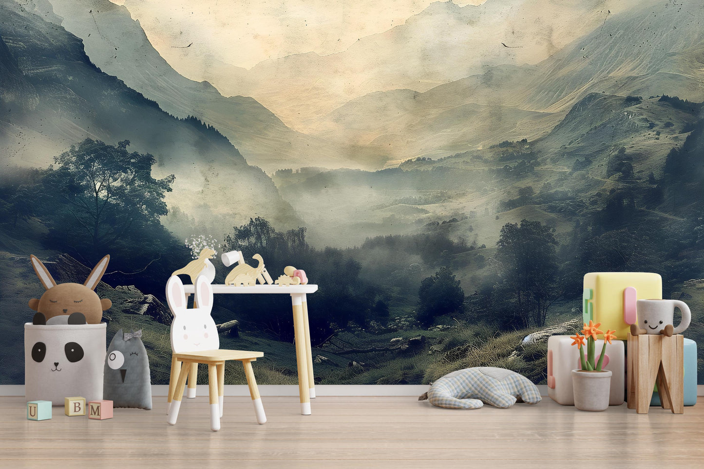 Misty Mountain Valley Wall Mural – Moody Foggy Forest Landscape Wallpaper Vn1009