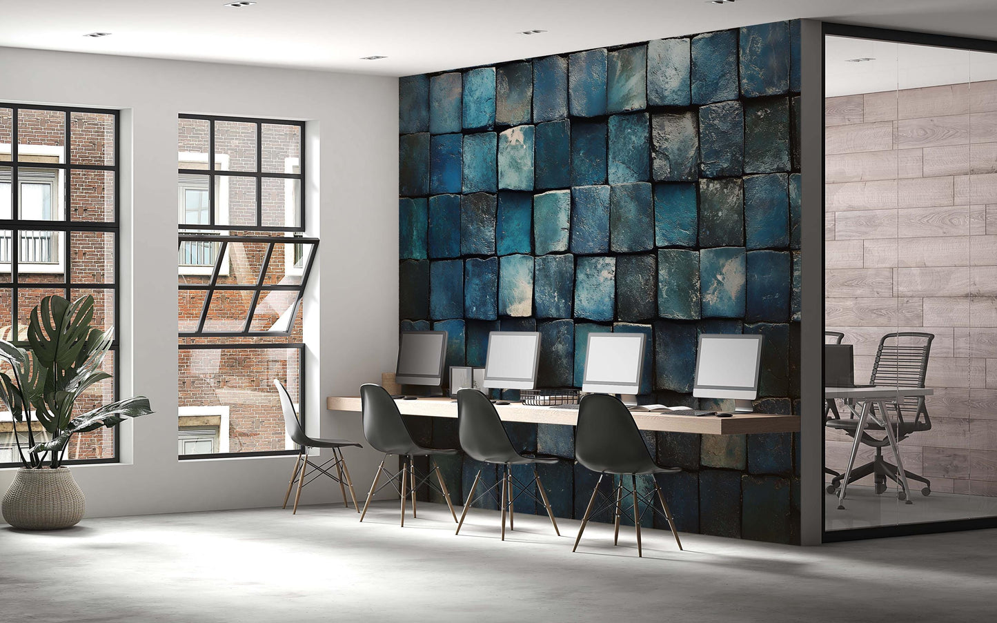 Modern Office Wall Art – Blue Abstract Tile Pattern Mural for Workspace Decor Vn745