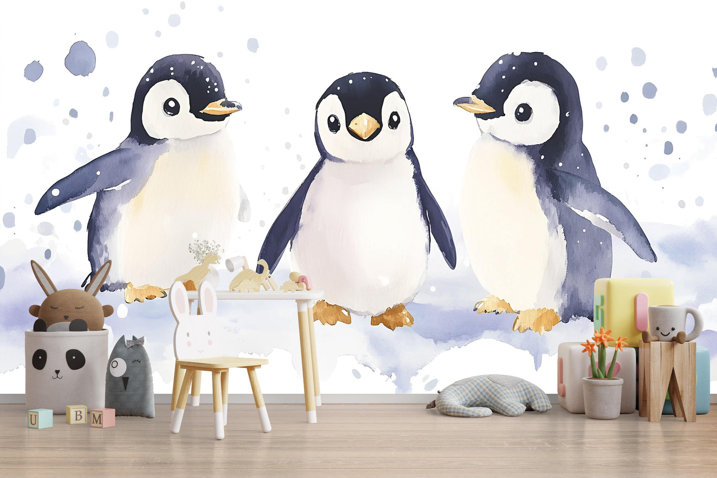Watercolor Penguin Wall Mural | Nursery Wall Art | Kids Room Wallpaper | Arctic Animal Wall Decor | Cute Baby Penguin Wall Decal Vn518