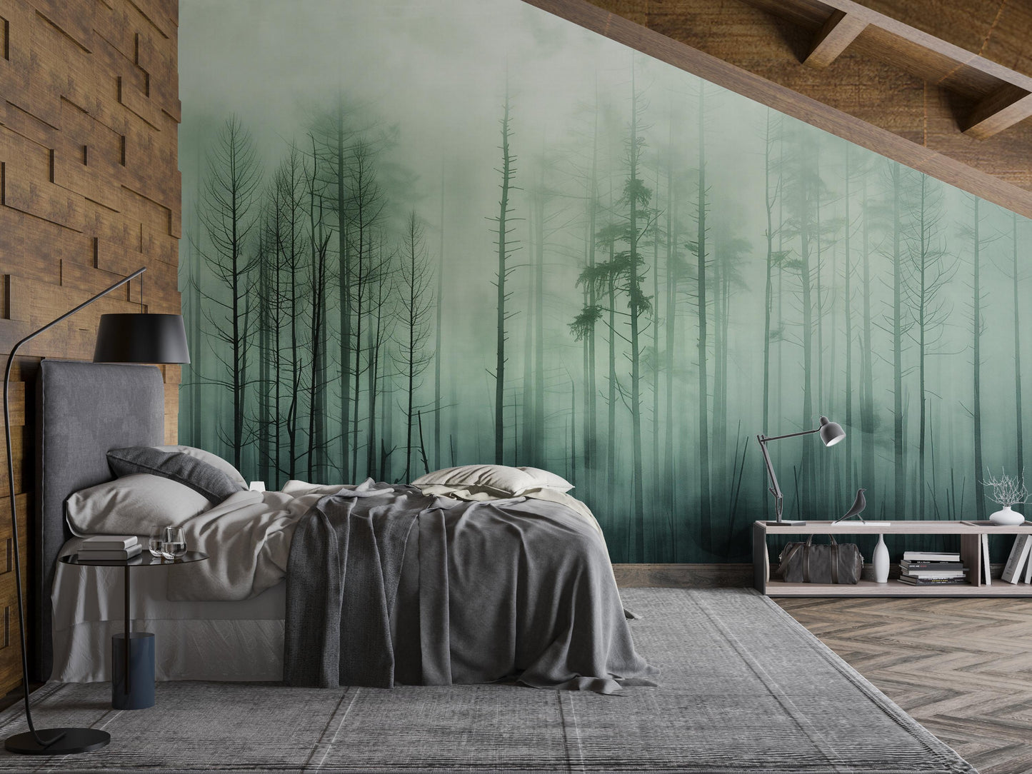 Misty Pine Forest Wall Mural – Foggy Woodland Wallpaper, Nature Landscape Accent Wall Decor for Bedroom or Living Room Vn1072