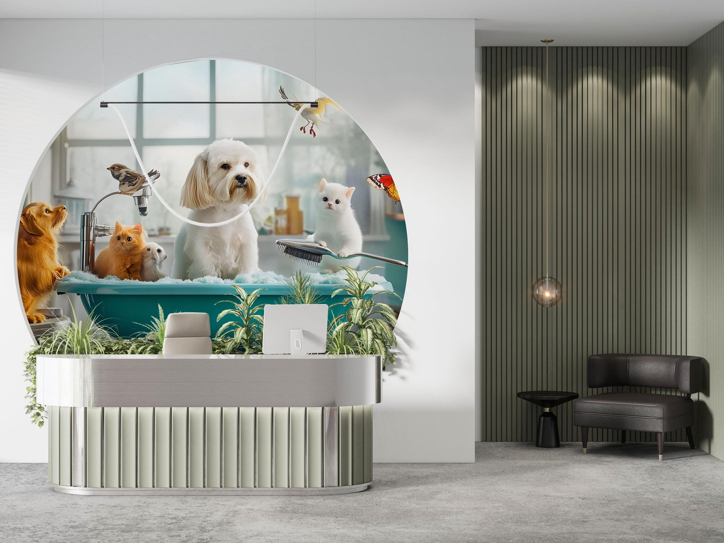 Whimsical Animal Bathtime Wall Mural – Cute Pets in Tub Scene Vn674