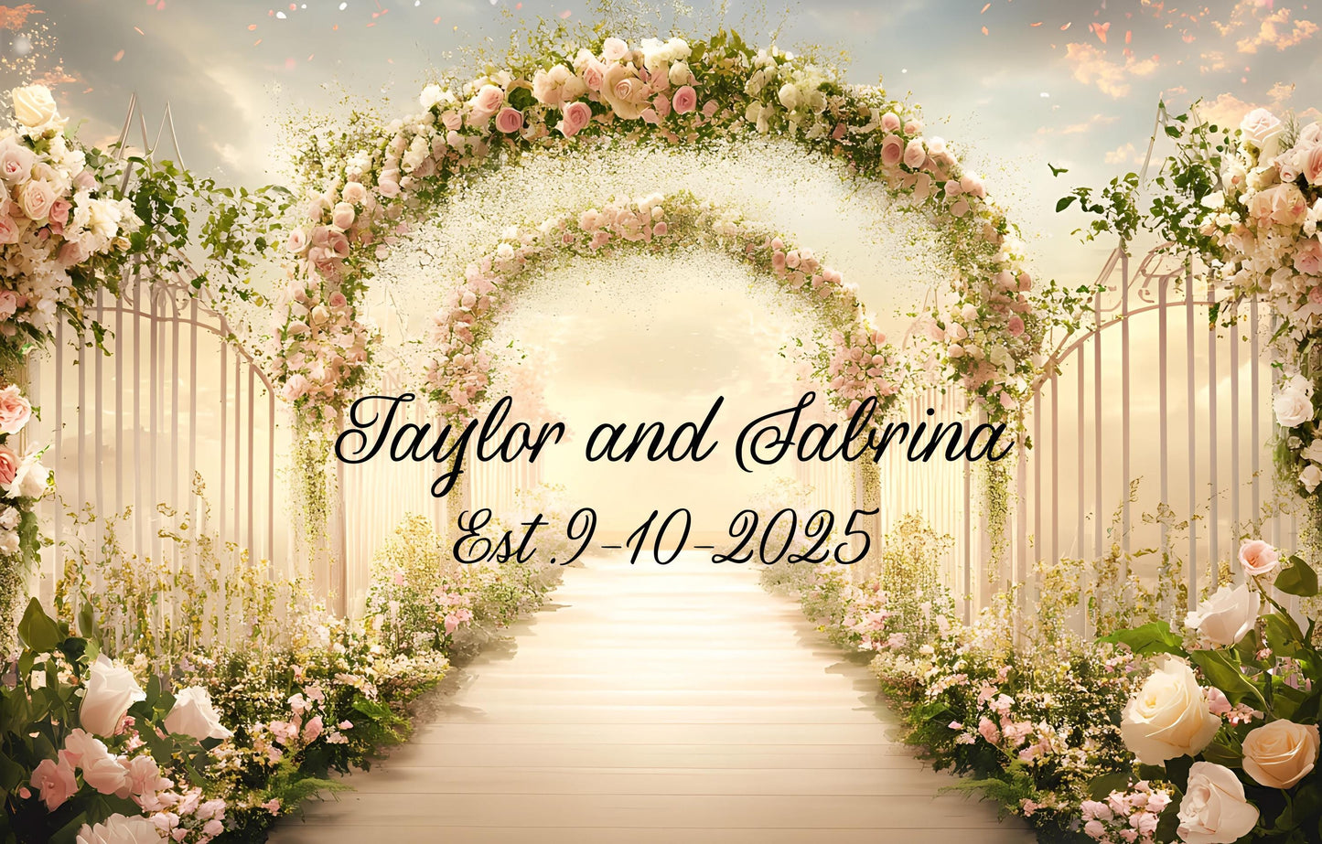 Elegant Floral Wedding Backdrop Sign - Personalized Arch Design with Names & Date - Custom Wedding Decor Vn510