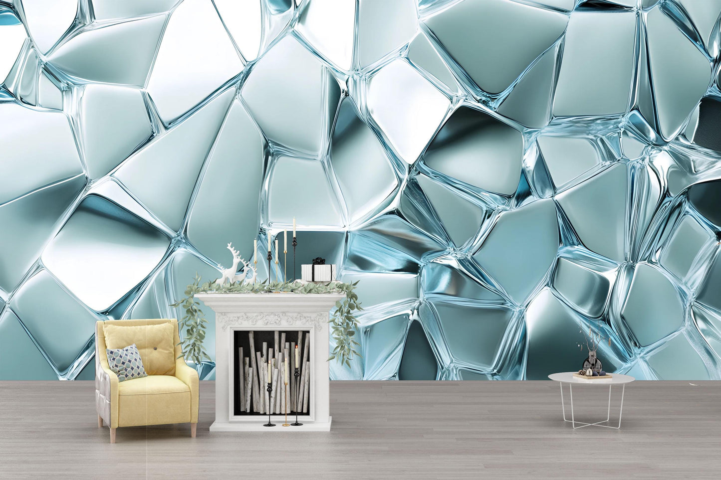 Abstract Glass Crystal Wall Mural – Modern 3D Ice Effect Wallpaper – Cool Blue Textured Accent Wall for Living Room or Office Vn656