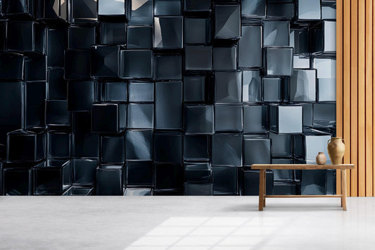3D Black Geometric Wall Art | Modern Cube Pattern Wallpaper Mural Vn727