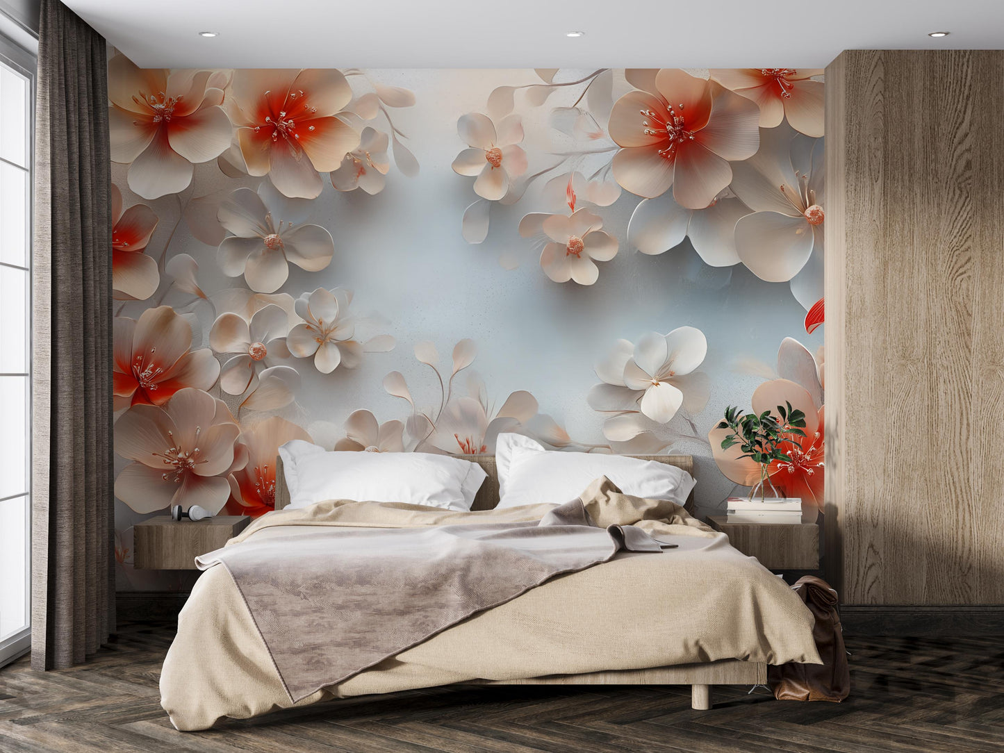 Romantic 3D Floral Wall Mural | Peach Blossom Wallpaper | Elegant Bedroom Accent | Large Flower Wall Art | Botanical Nature Decor Vn575