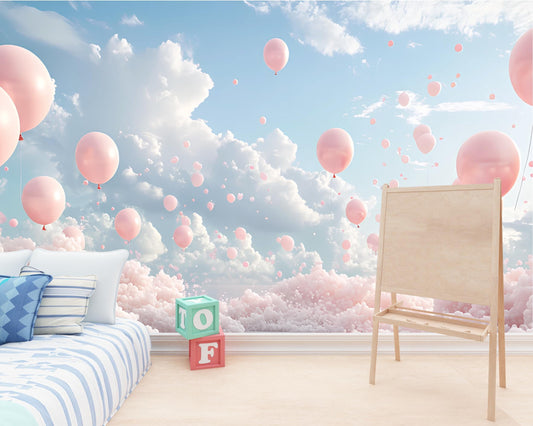 Pink Balloon Cloud Nursery Wall Mural – Dreamy Sky Baby Room Wallpaper Vn256