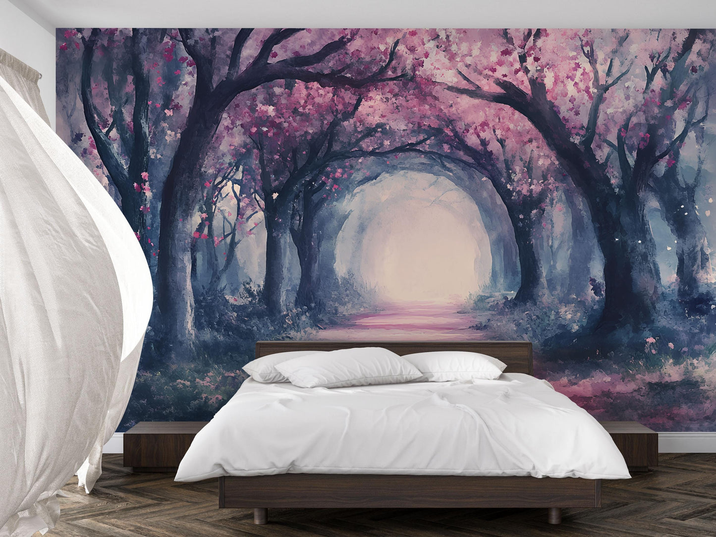 Enchanted Cherry Blossom Forest Wall Mural – Dreamy Tree Tunnel Wallpaper for Bedroom & Living Room Vn763