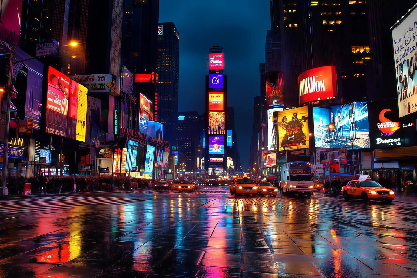 Times Square Wall Mural – NYC Night Lights Taxi Street Wallpaper, Wallpaper for Bedroom Vn899