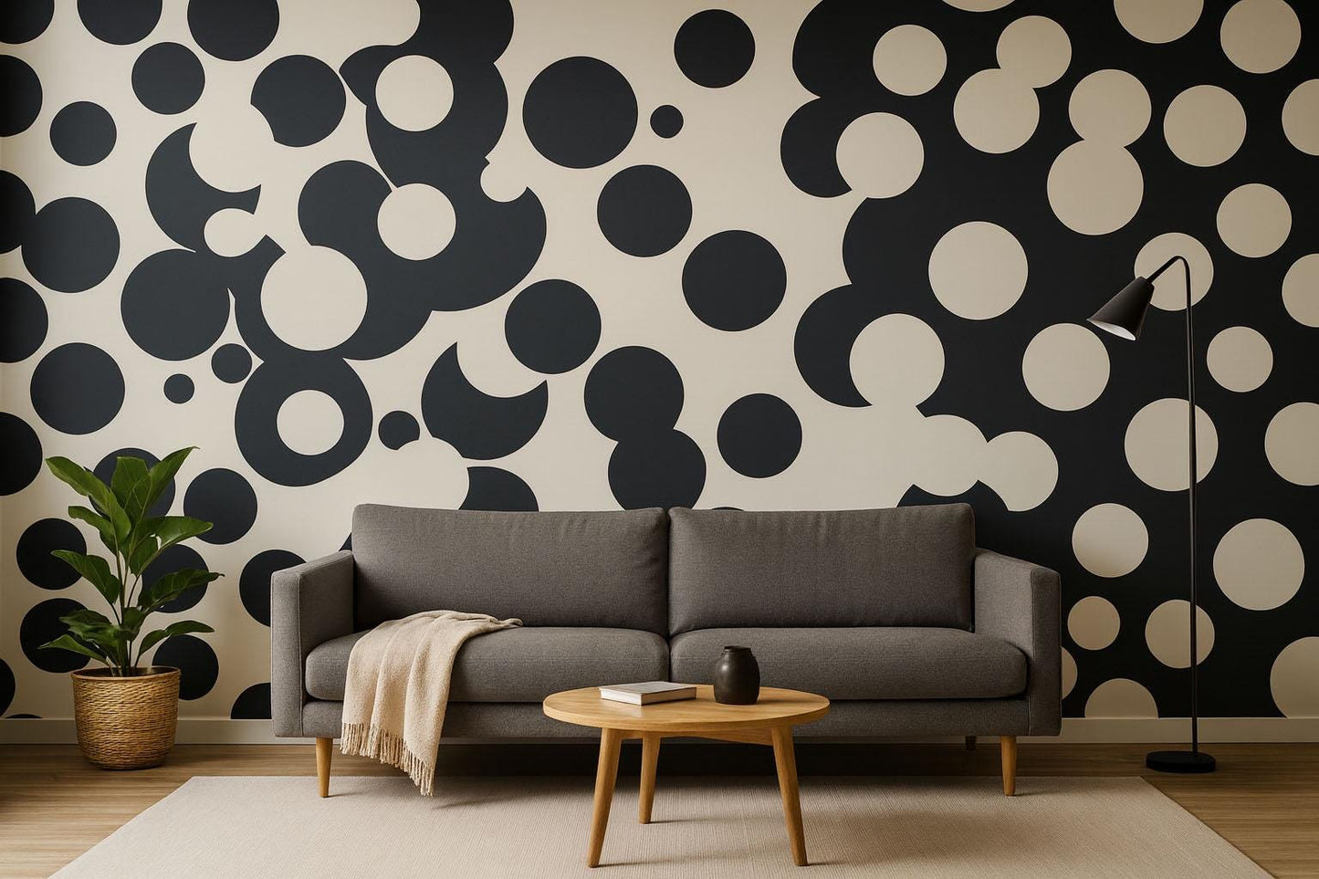 Black & Beige Circle Wall Mural – Modern Geometric Dot Pattern Wallpaper Vn839
