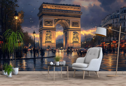 Paris Wall Mural – Arc de Triomphe Street Scene at Dusk  Vn065