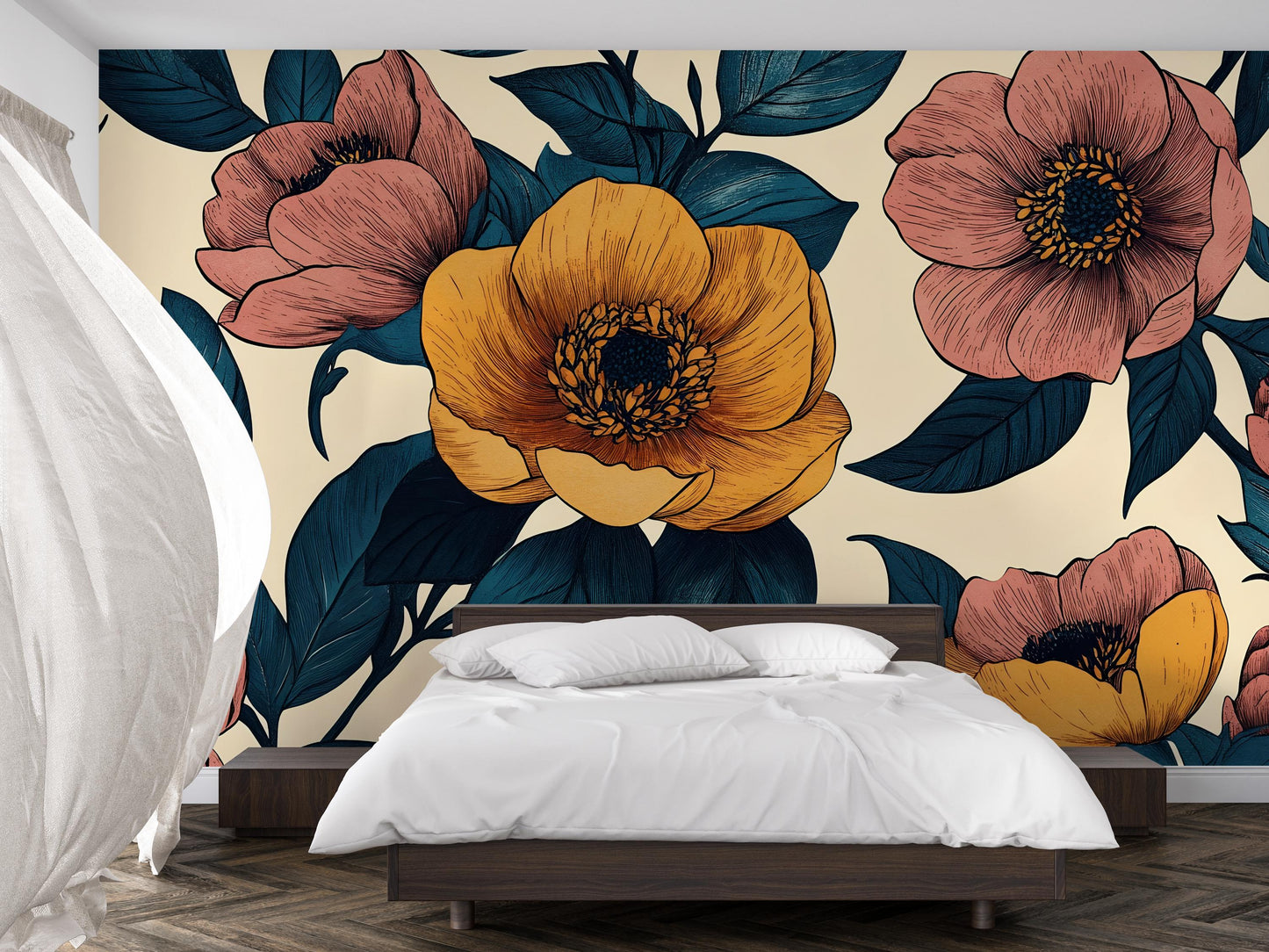 Vintage Floral Wall Mural – Yellow & Pink Flower Wallpaper Vn1026