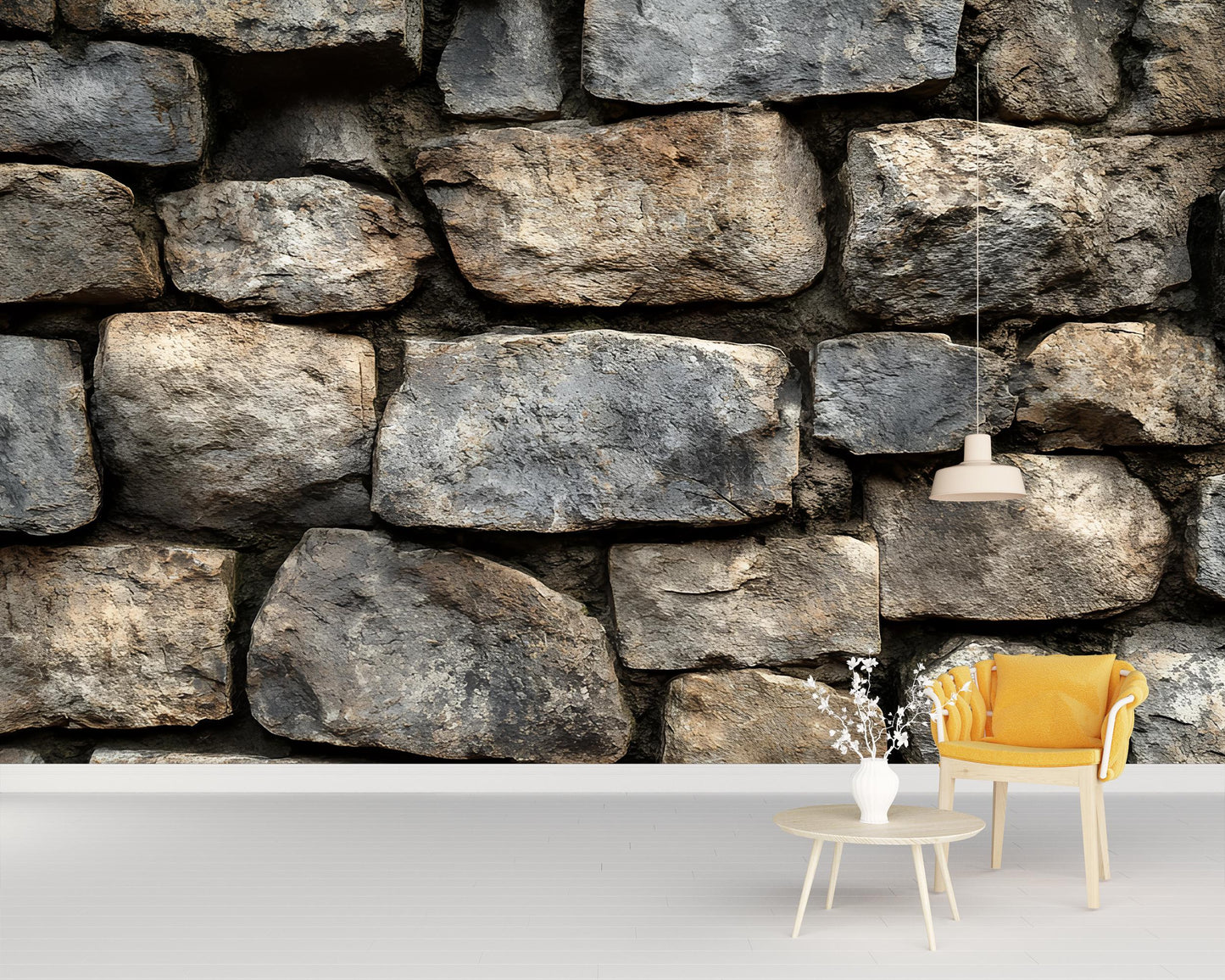 Rustic Stone Wall Backdrop, Cozy Armchair & Table Scene, Modern Farmhouse Decor, Scandinavian Interior Photo, Digital Download Vn587