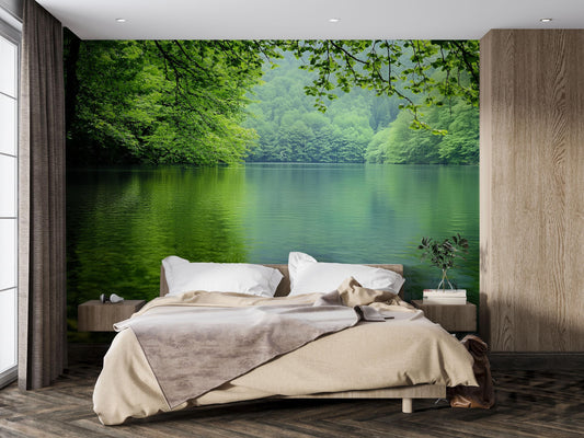 Forest Lake Wall Mural | Tranquil Nature Scene Wallpaper | Bedroom Feature Wall Decor | Green Landscape Lake View Photo Mural Vn686
