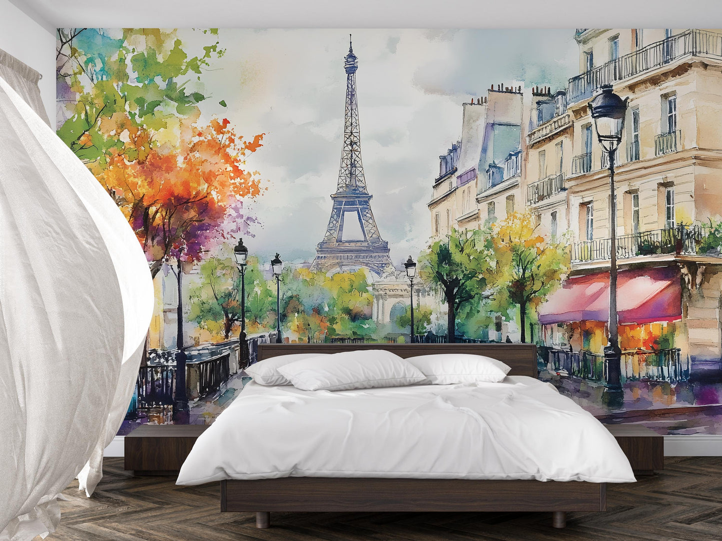 Paris Eiffel Tower Wall Mural – Watercolor Street View Wallpaper Vn931
