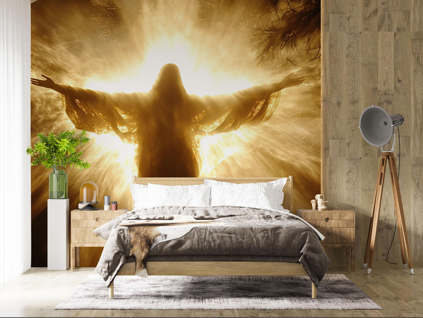 Spiritual Jesus Wall Mural – Radiant Light Religious Wallpaper – Divine Bedroom Decor – Christian Art Mural Vn608