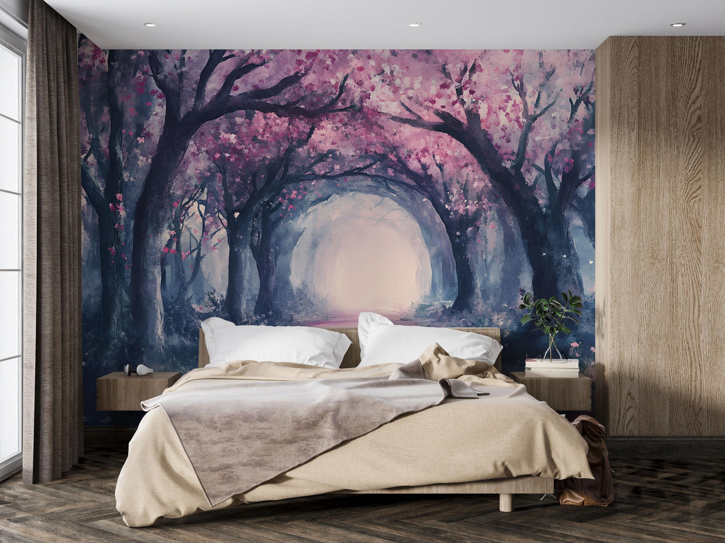 Enchanted Cherry Blossom Forest Wall Mural – Dreamy Tree Tunnel Wallpaper for Bedroom & Living Room Vn763