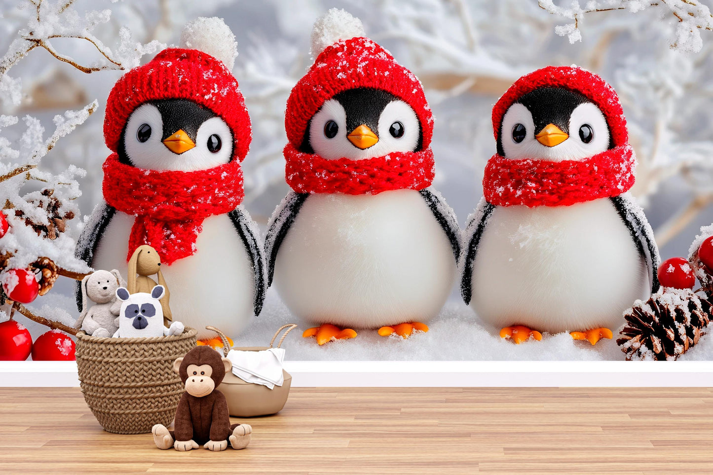 Winter Penguin Nursery Wall Art – Cute Snowy Penguins in Red Hats – Holiday Baby Room Decor – Arctic Animal Print – Christmas Theme Vn529