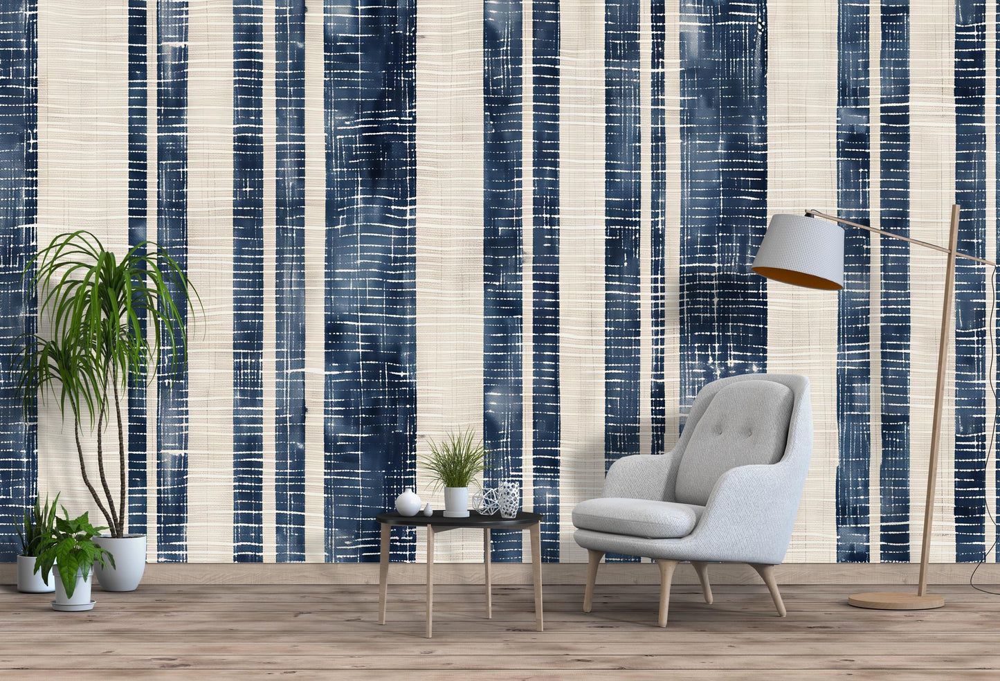 Navy Blue Striped Wallpaper | Modern Coastal Wall Mural | Vertical Stripe Wall Decor Vn1030