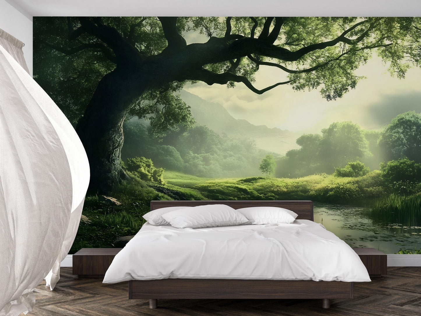 Tranquil Forest Wall Mural – Serene Green Landscape Nature Wallpaper Vn825