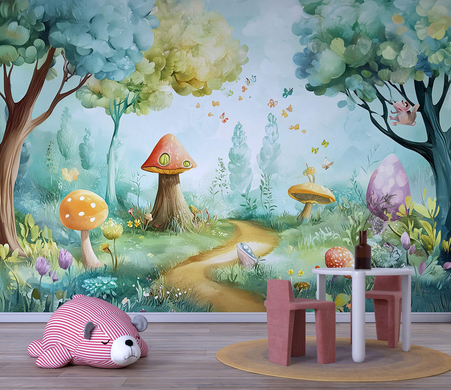 Whimsical Forest Wall Mural for Kids Room – Magical Mushroom & Animal Wallpaper Vn617