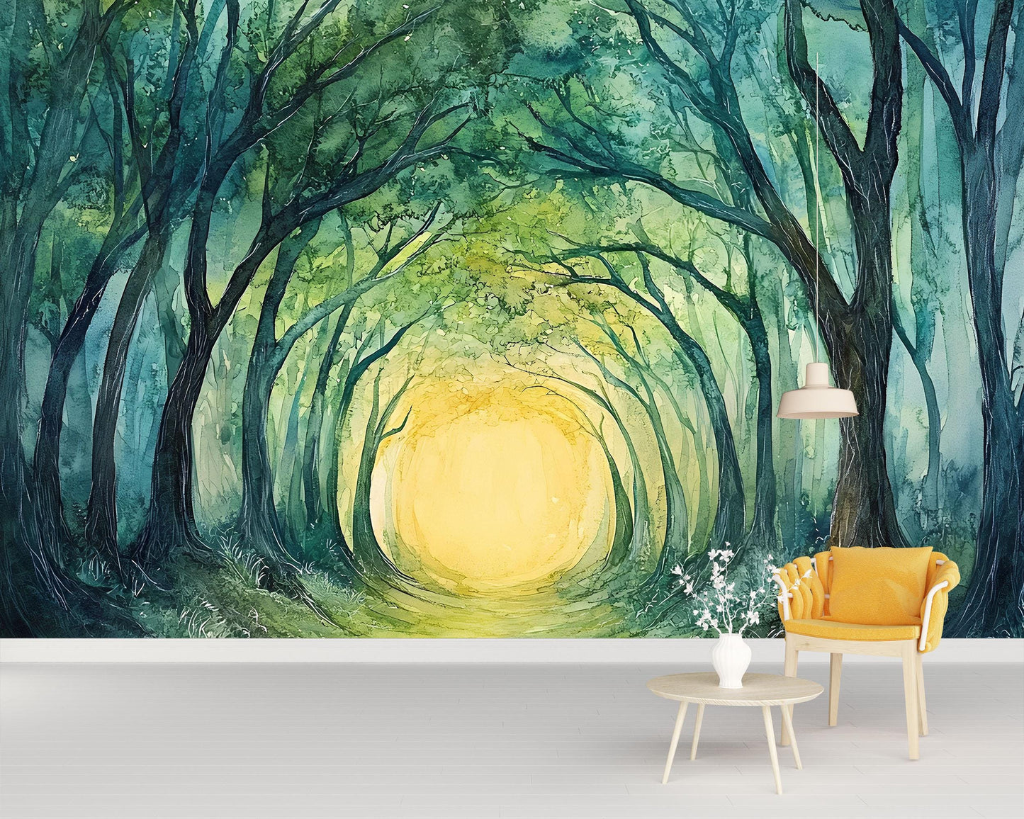 Forest Tunnel Mural – Enchanted Green Trees Wall Art with Golden Sunlight Path Vn762
