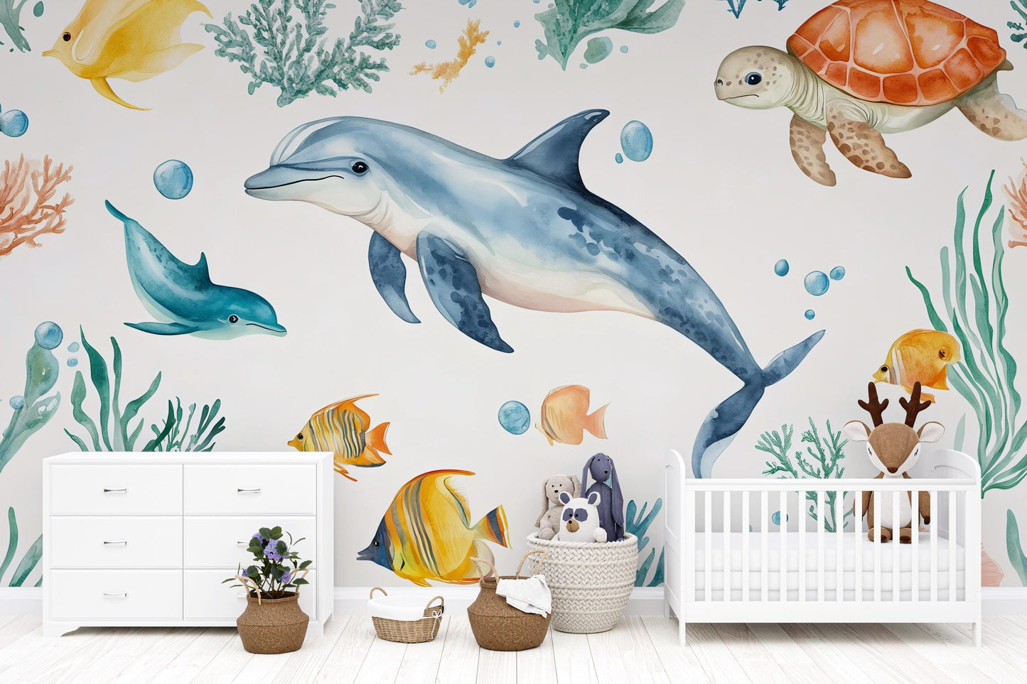 Dolphin Wall Mural – Ocean Nursery Wallpaper with Sea Turtle & Tropical Fish Vn986
