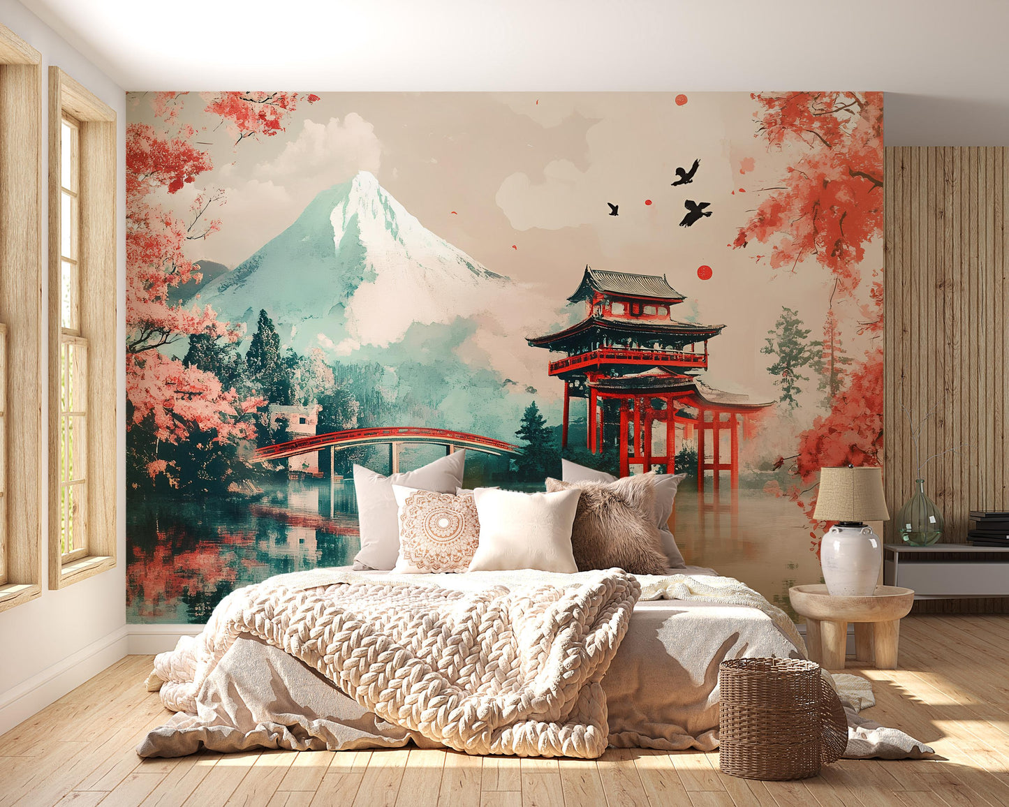 Japanese Mural Wall Art | Mountain Temple Landscape | Cherry Blossom & Pagoda | Asian Aesthetic Wallpaper | Tranquil Decor Vn492