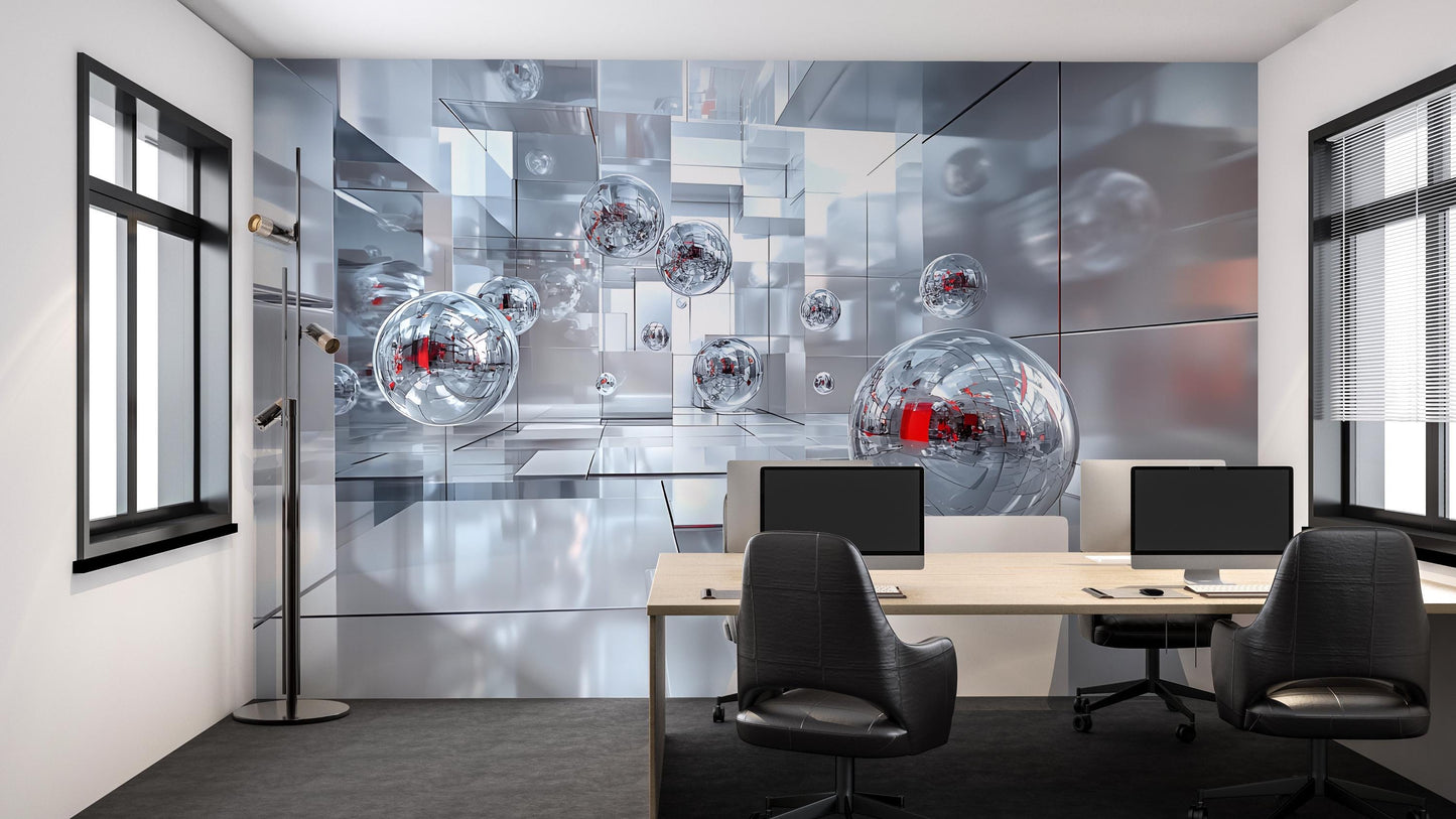 Modern Office Wall Art Mural | Futuristic 3D Abstract Tech Decor | Digital Workspace Aesthetic Vn569