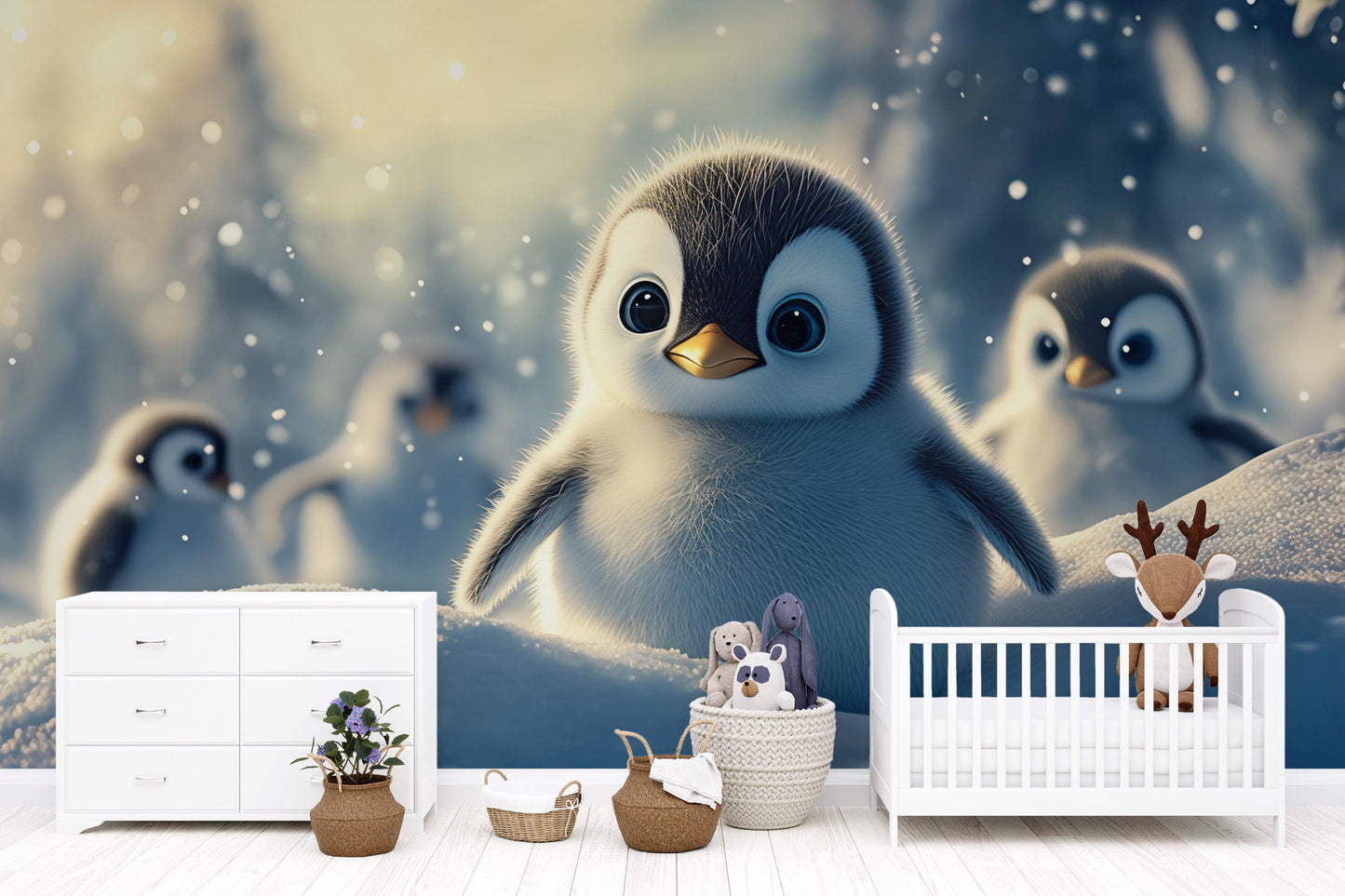 Penguin Nursery Wall Mural – Cute Winter Baby Animal Wallpaper for Kids Room Vn528
