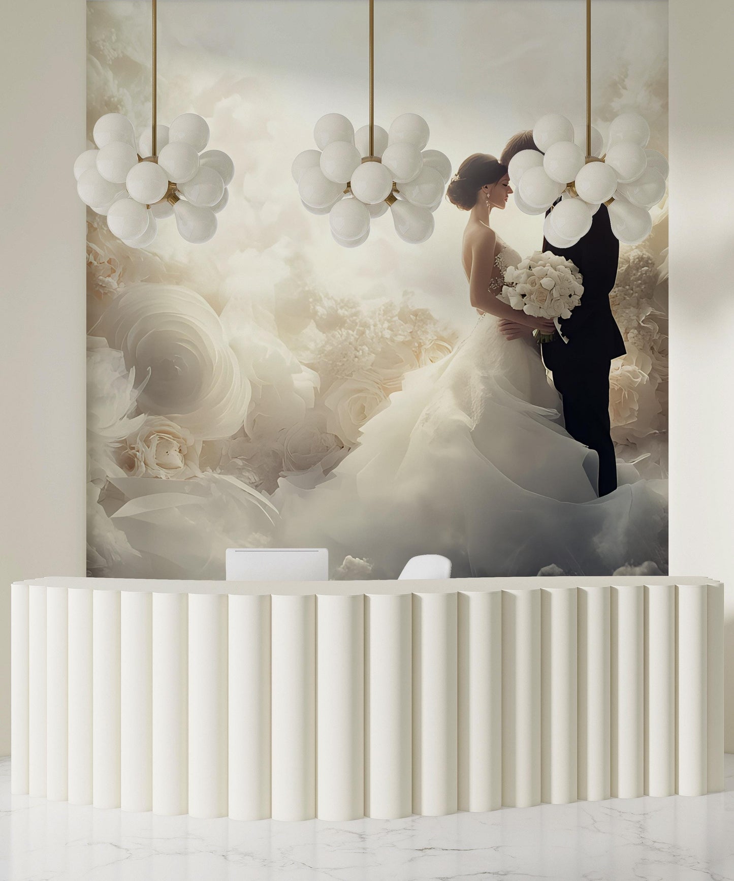 Romantic Wedding Couple Wall Mural – Elegant Floral Bridal Backdrop, Arch Door Nature Design, Custom Wallpaper Art Vn506