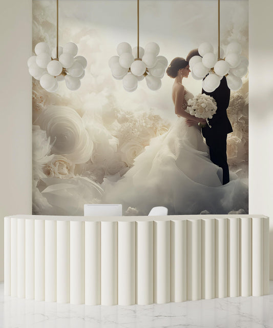 Romantic Wedding Couple Wall Mural – Elegant Floral Bridal Backdrop, Arch Door Nature Design, Custom Wallpaper Art Vn506