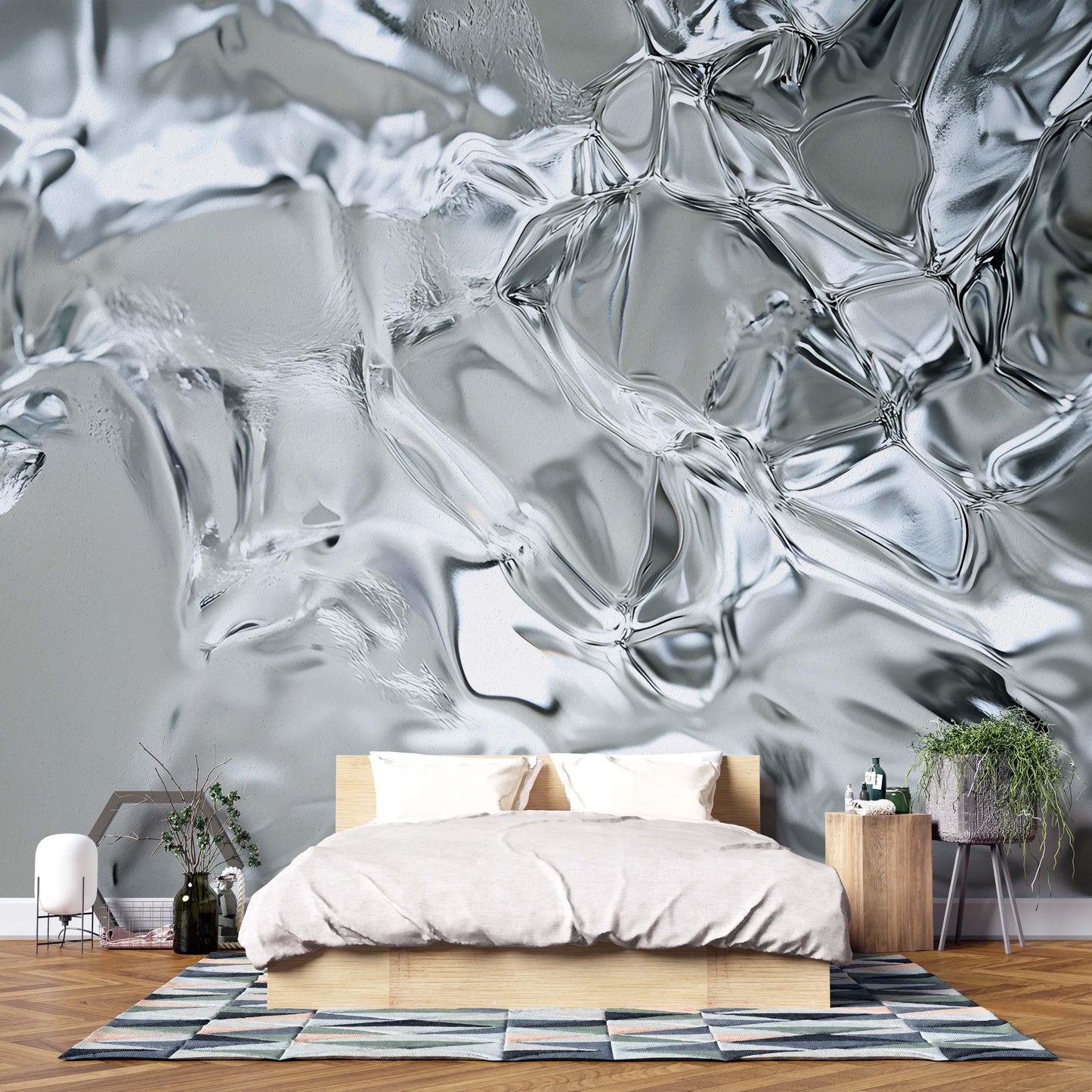 Modern Abstract Ice Texture Wall Mural – Silver Grey 3D Effect Wallpaper for Bedroom or Living Room  Vn743