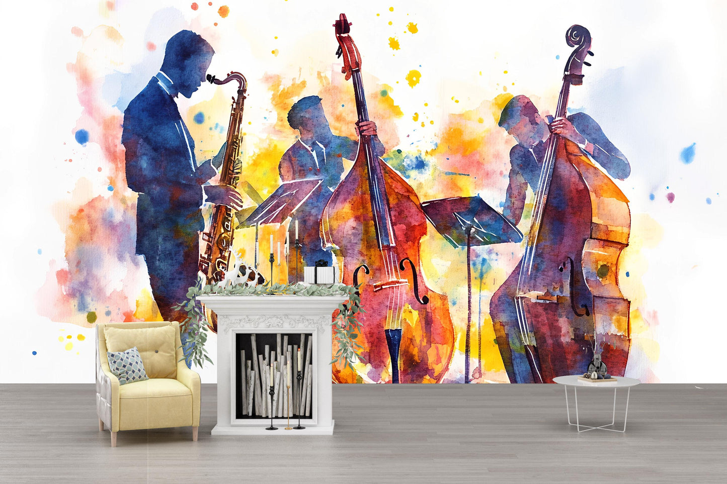 Jazz Band Wall Mural | Watercolor Music Art | Saxophone & Bass Silhouette Vn523