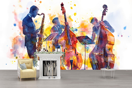 Jazz Band Wall Mural | Watercolor Music Art | Saxophone & Bass Silhouette Vn523