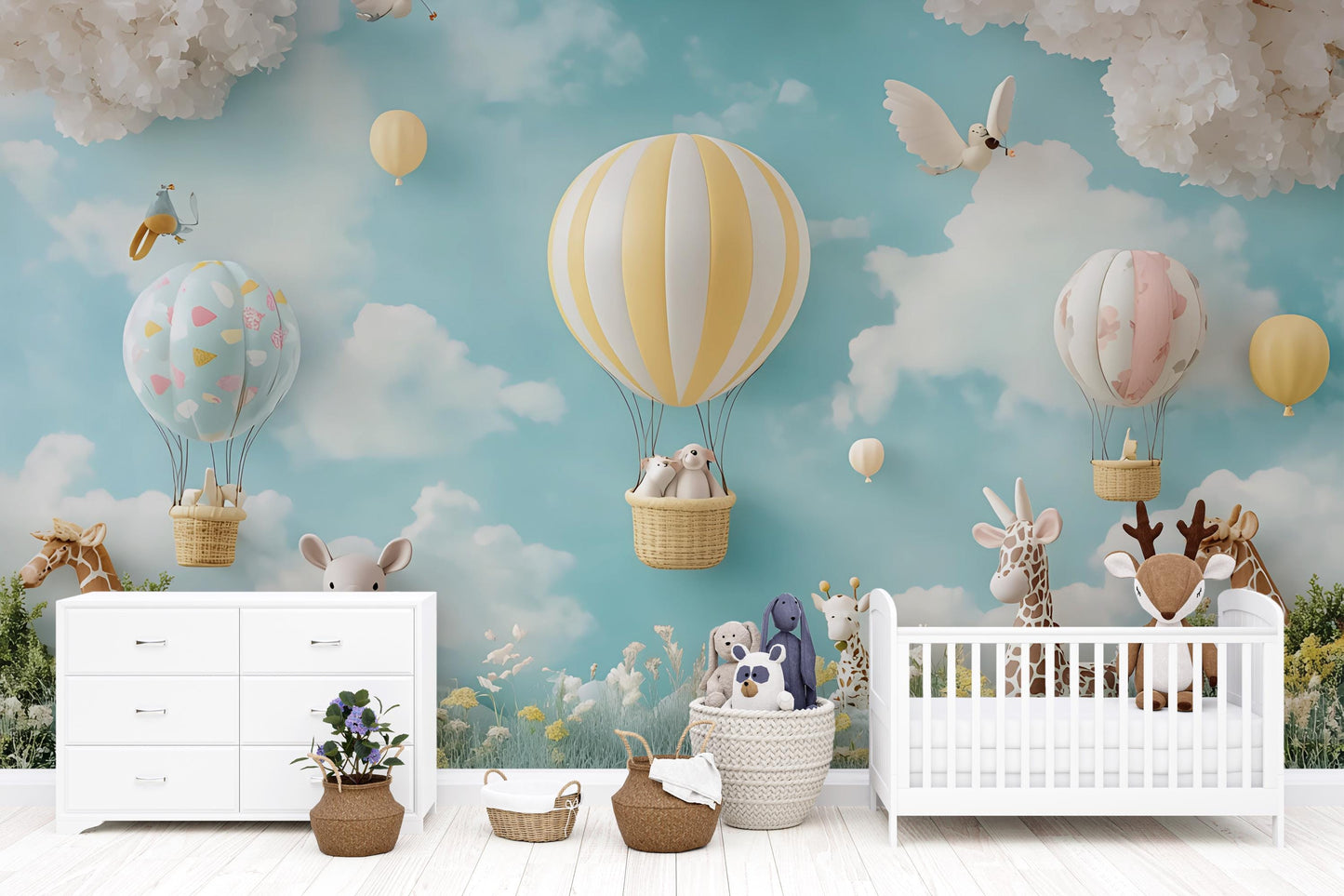 Hot Air Balloon Nursery Wall Mural – Animal Baby Room Wallpaper – Gender Neutral Kids Decor – Safari Theme Sky Wall Art Vn375