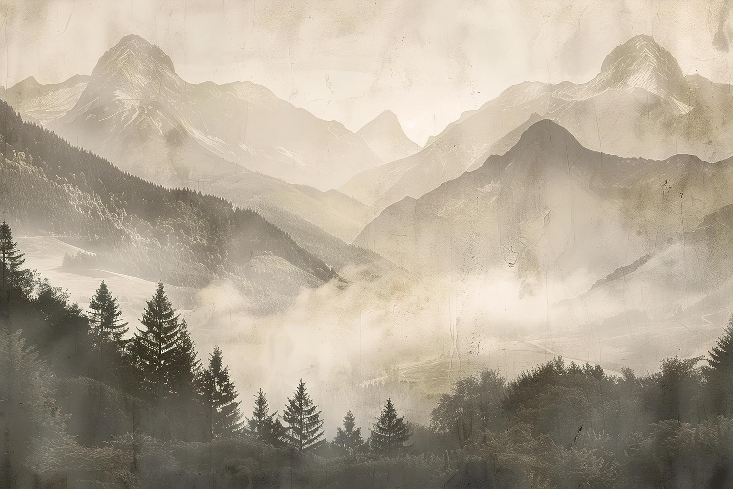 Sepia Mountain Wall Mural – Foggy Forest Landscape Wallpaper for Bedroom Vn1008