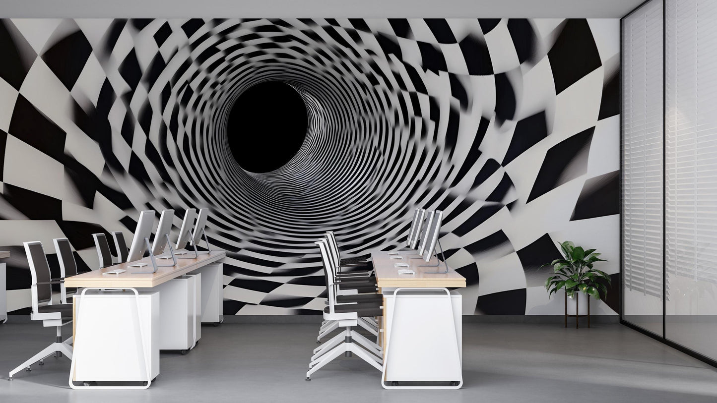 Black White 3D Tunnel Wall Mural – Optical Illusion Wallpaper Vn909