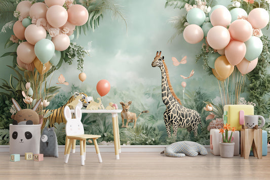 Safari Jungle Nursery Wall Art – Giraffe, Tiger, Balloons & Pastel Animals Mural for Baby Room, Kids Safari Theme Decor Vn044