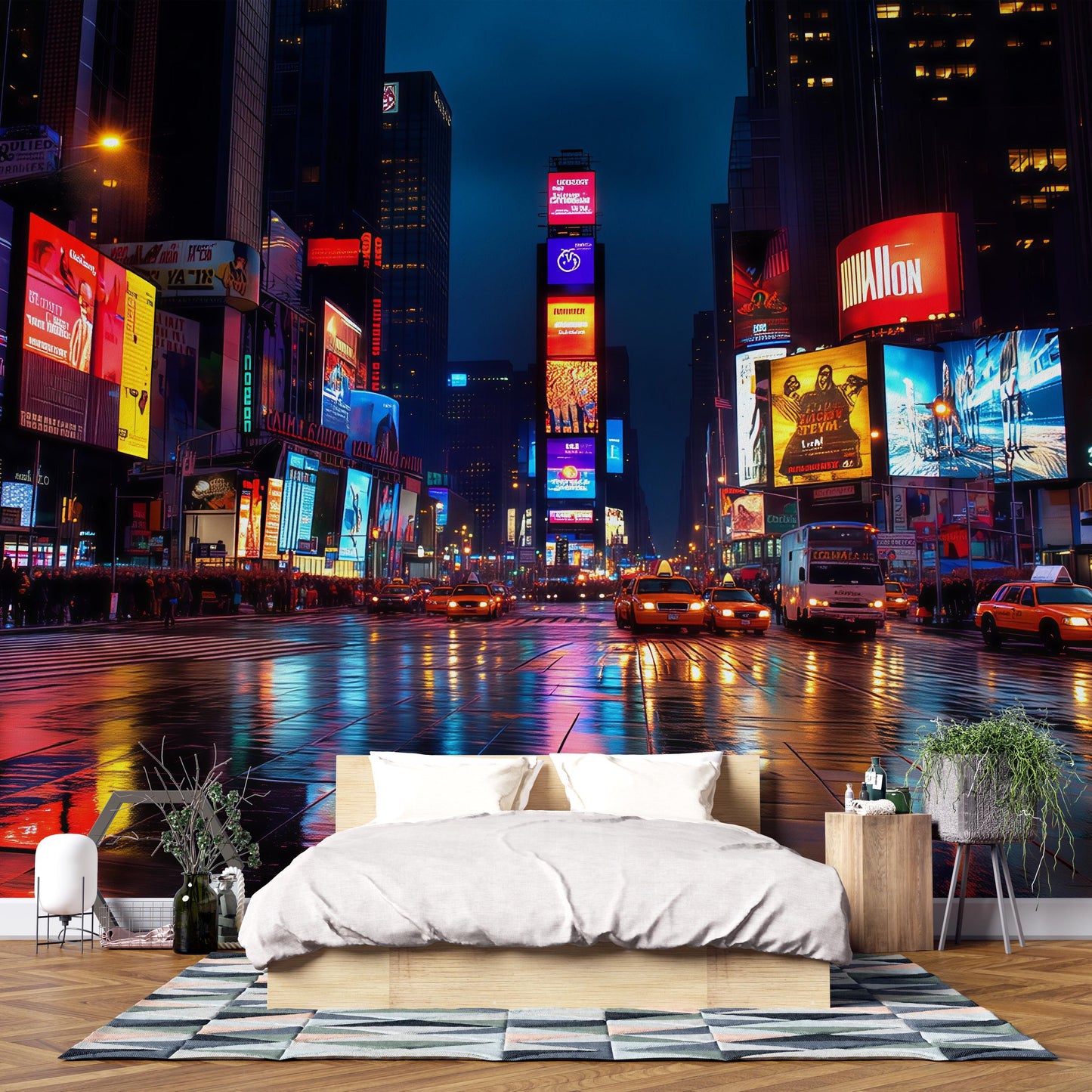 Times Square Wall Mural – NYC Night Lights Taxi Street Wallpaper, Wallpaper for Bedroom Vn899