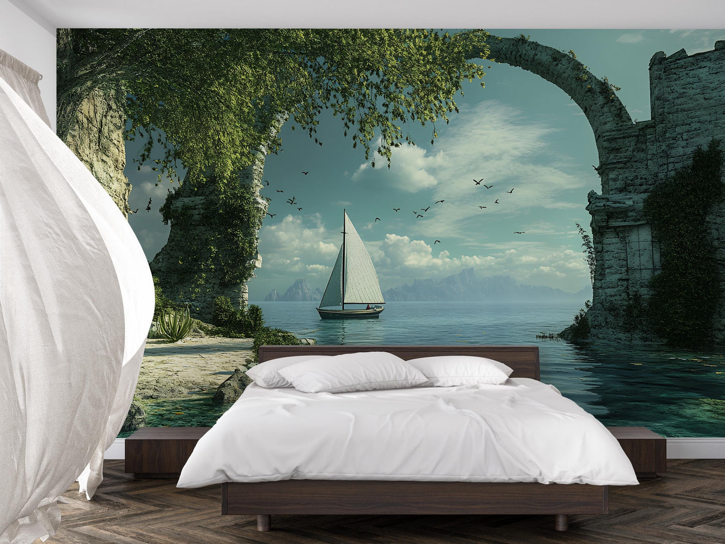 Ocean View Wall Mural – Sailboat & Ancient Arch Scenic Wallpaper – Serene Bedroom Decor Vn565