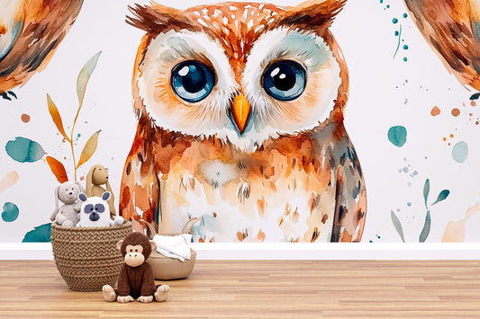 Watercolor Owl Wall Mural for Kids Bedroom | Large Woodland Animal Wallpaper Vn495