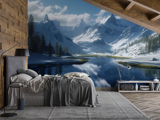 Snowy Mountain Wall Mural | Winter Landscape Bedroom Wallpaper Vn696