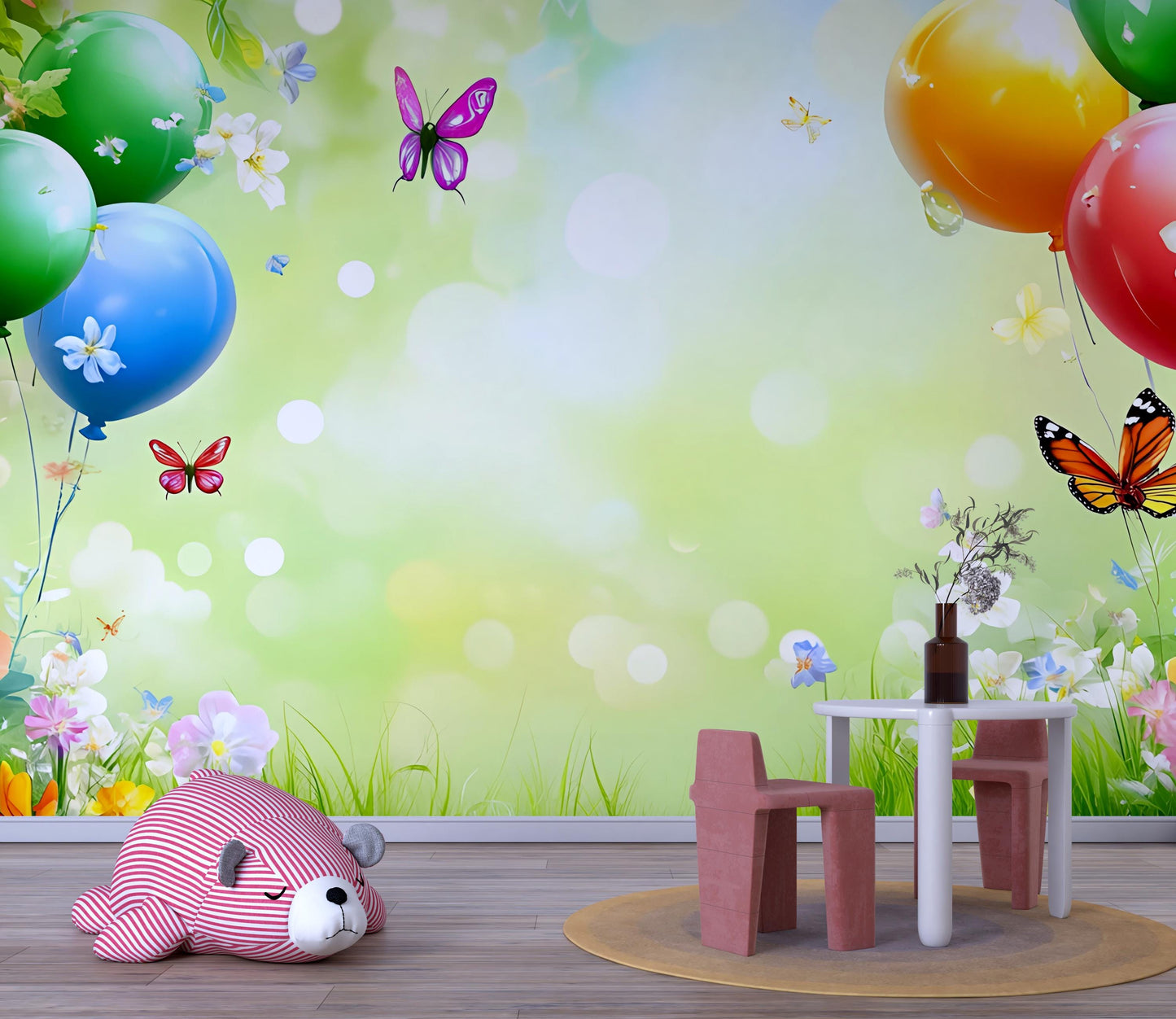 Whimsical Balloon Butterfly Nursery Wall Mural – Nature Theme Baby Room Wallpaper – Colorful Spring Background for Kids Room Vn257