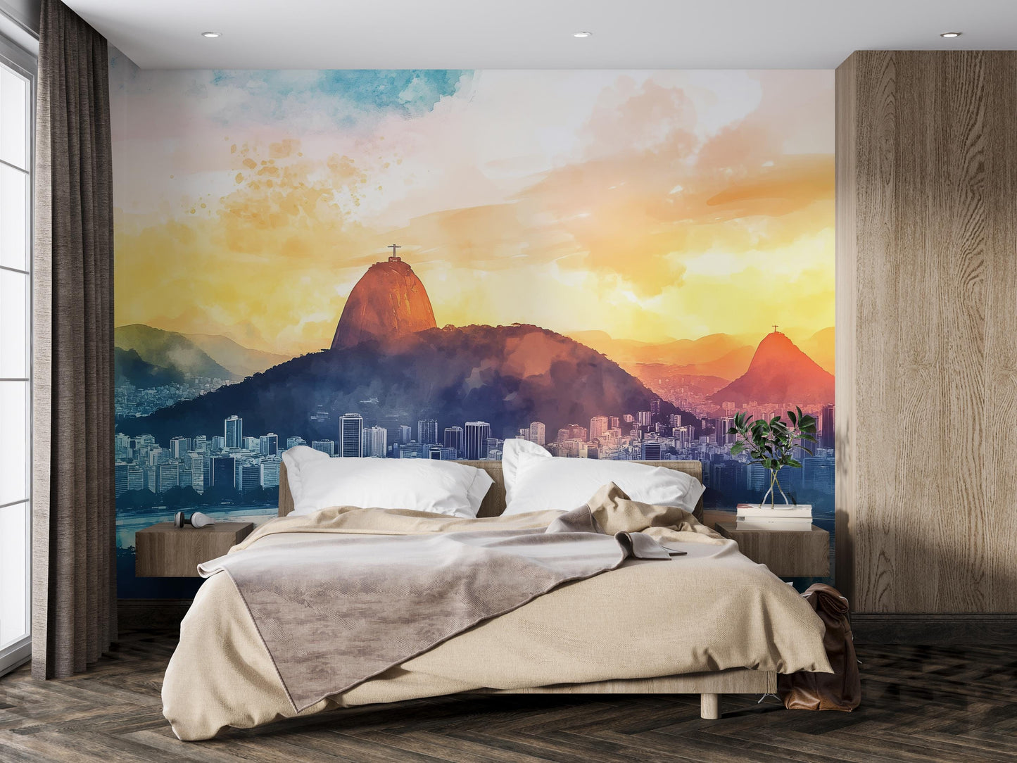 Rio de Janeiro Wall Mural – Brazil Cityscape Watercolor Skyline Wallpaper Vn938