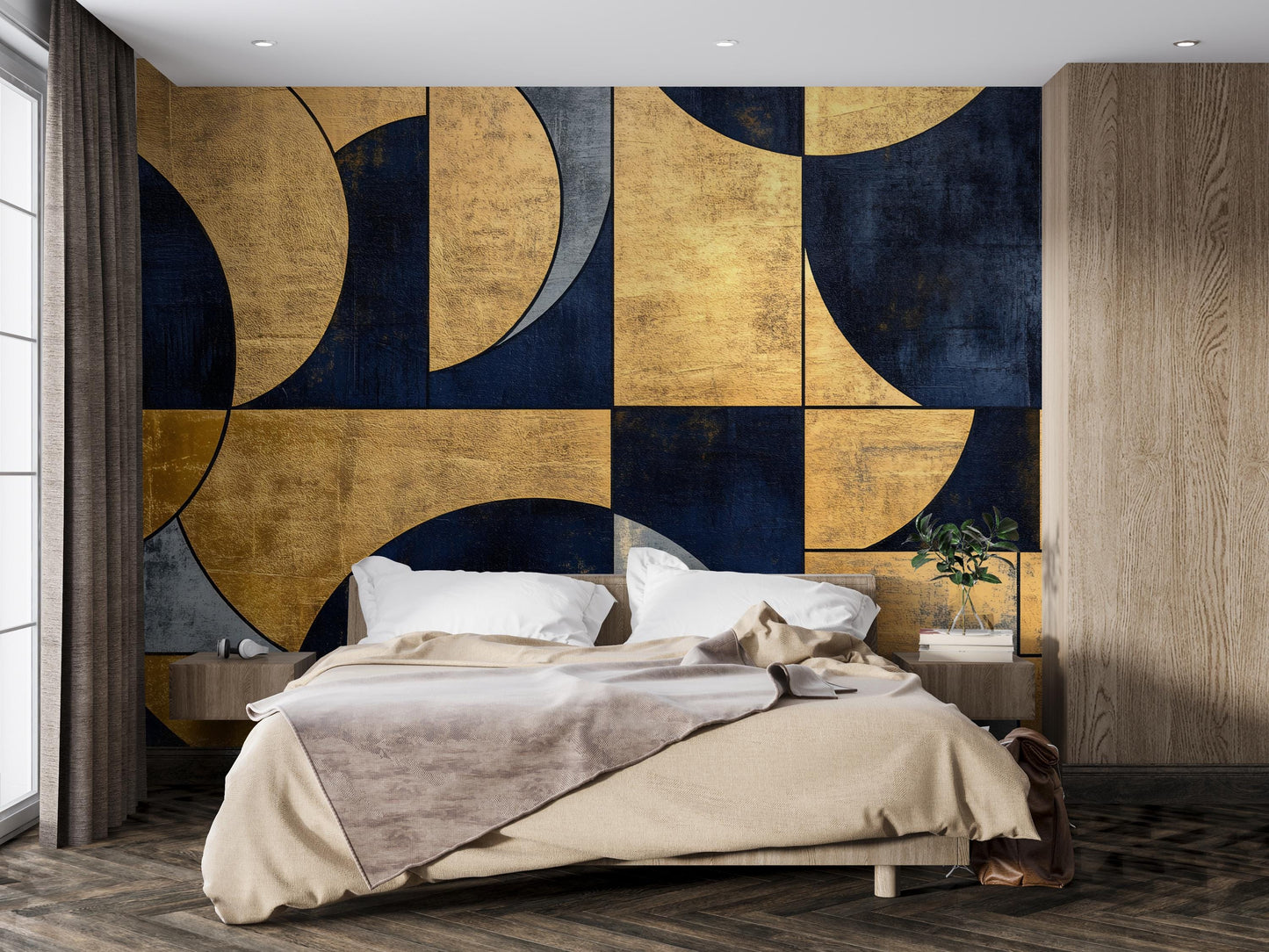 Navy Gold Geometric Wall Mural – Modern Art Deco Wallpaper Vn962